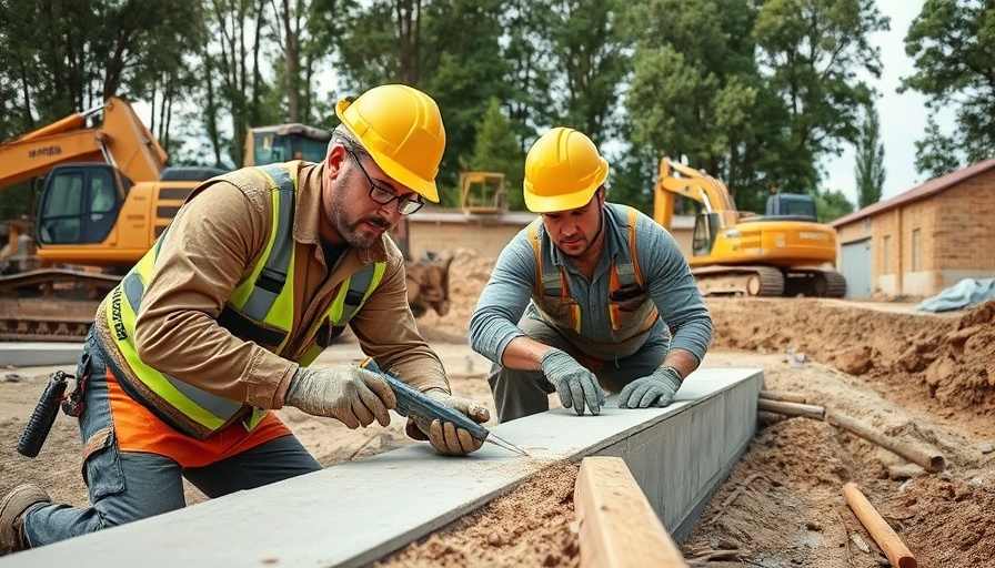 Workers applying waterproofing to concrete foundation, construction site.