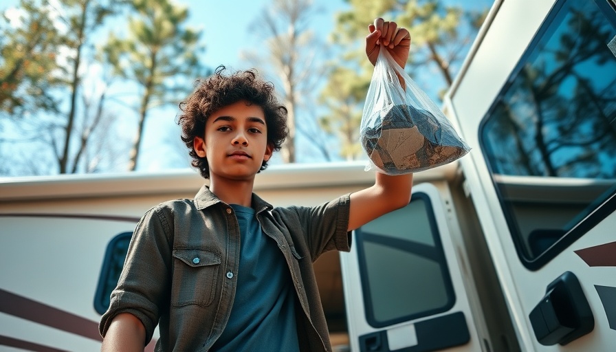 Young traveler with a plastic bag exiting an RV, surrounded by nature.