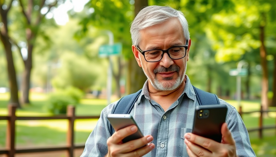 Man reading comments about RV Prices and Insurance Information in park setting.