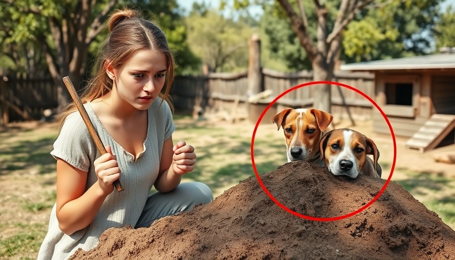 Woman examines dirt with concern near dog, focusing on chicken coop safety.