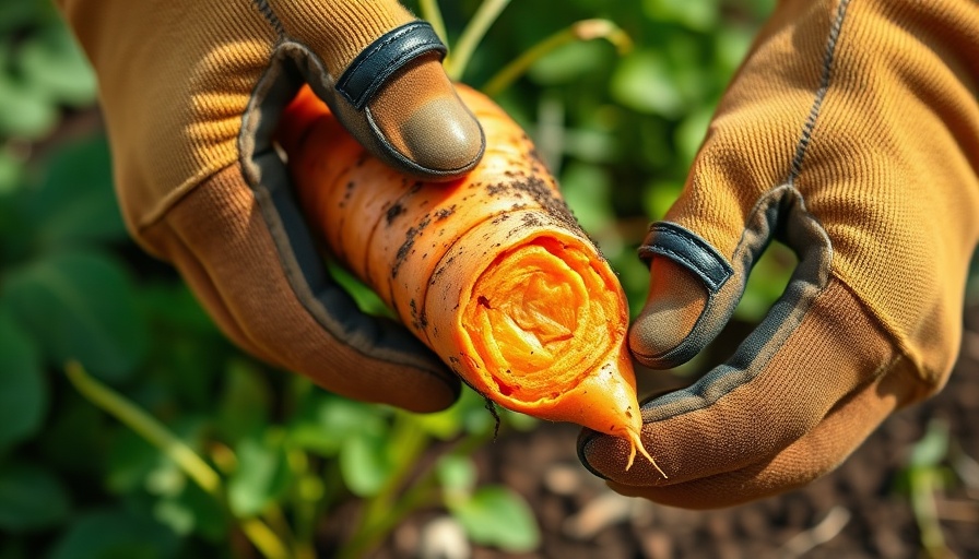 Gloved hands holding cracked carrot with soil in a garden.