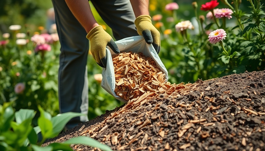 Gloved hands spreading mulch in a garden, mulching tips to protect plants.