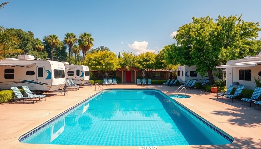 Sunny RV resort poolside scene with tips for full-time RV living.