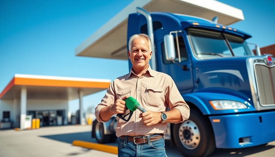 Cheerful man with fuel nozzle at truck, promoting 60-gallon midship fuel tank.