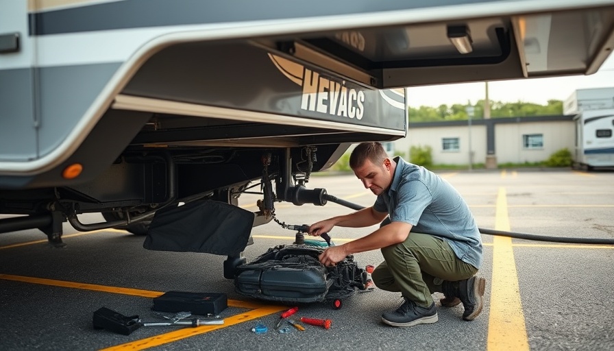 RV travel breakdowns: Man repairing RV undercarriage in parking lot.