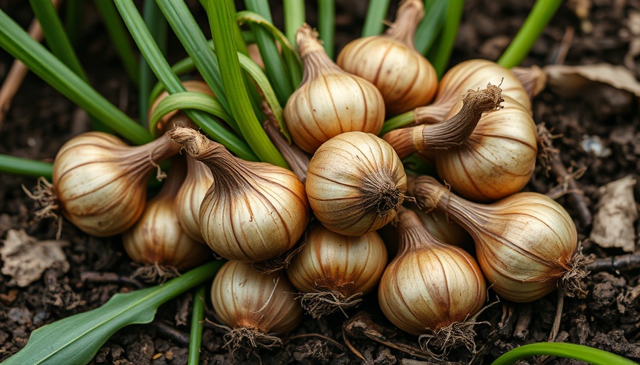 Rotting onions with green shoots surrounded by greenery in soil.