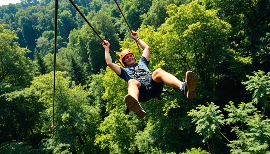 Exciting ziplining in the Ozarks with lush forest backdrop.