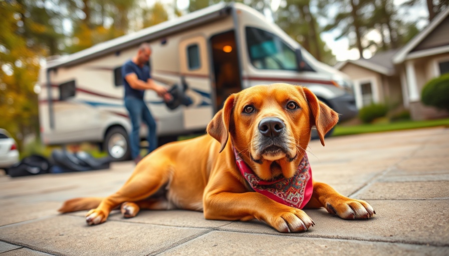 RV owner performs maintenance while dog rests nearby.