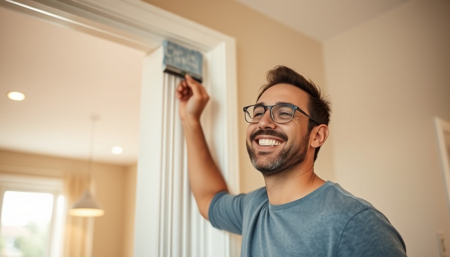 Cheerful man painting a door in a well-lit home interior.