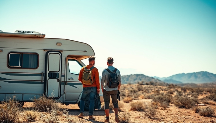 Travelers boondocking in an old RV in a desert landscape