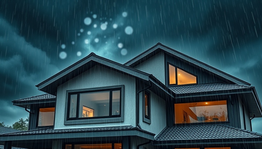 House during hailstorm with protective features, dark clouds.