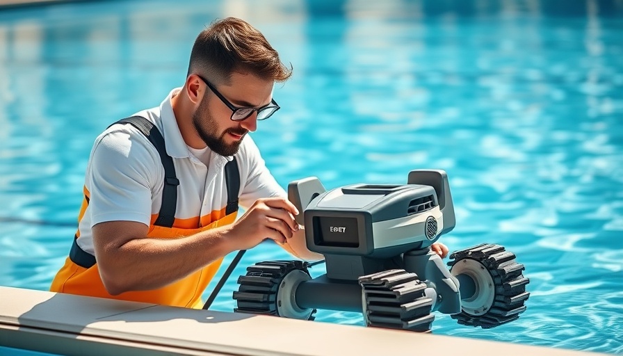 Technician adjusts pool cleaner next to pool for a comparison study.