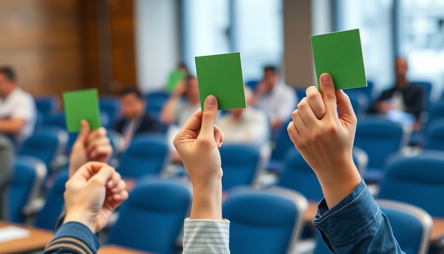 People voting with green cards, approval indication, meeting setting.