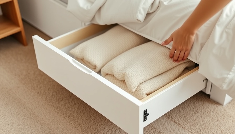 Underbed storage drawer with cozy blankets in modern bedroom