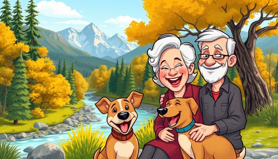 Cartoon of RV lifestyle live chat with a couple and dog in nature.