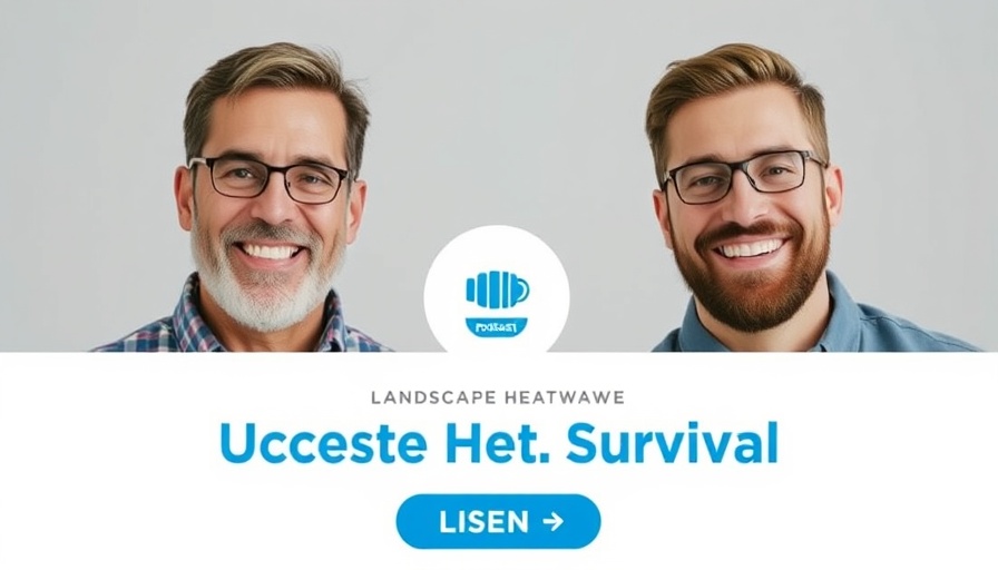 Podcast on landscape heatwave survival with hosts and logo, modern design.