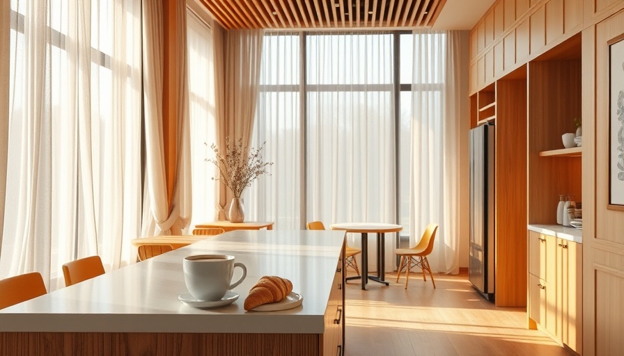 Cafe core design with coffee and croissant on a kitchen island.