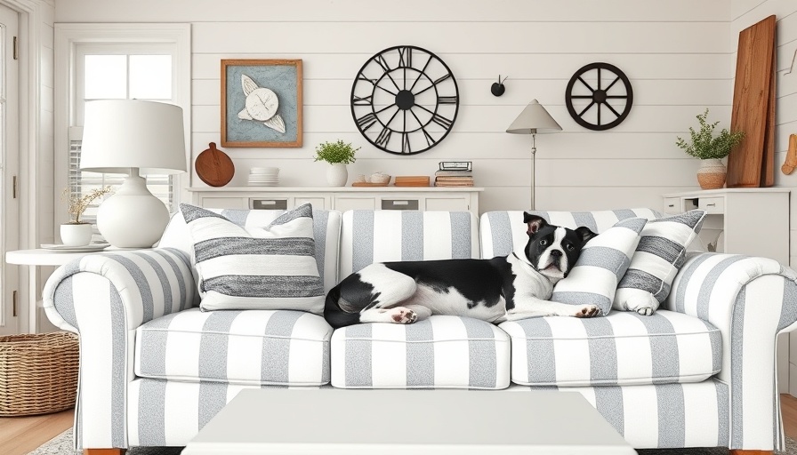 Coastal cottage living room makeover with a dog on a striped sofa.
