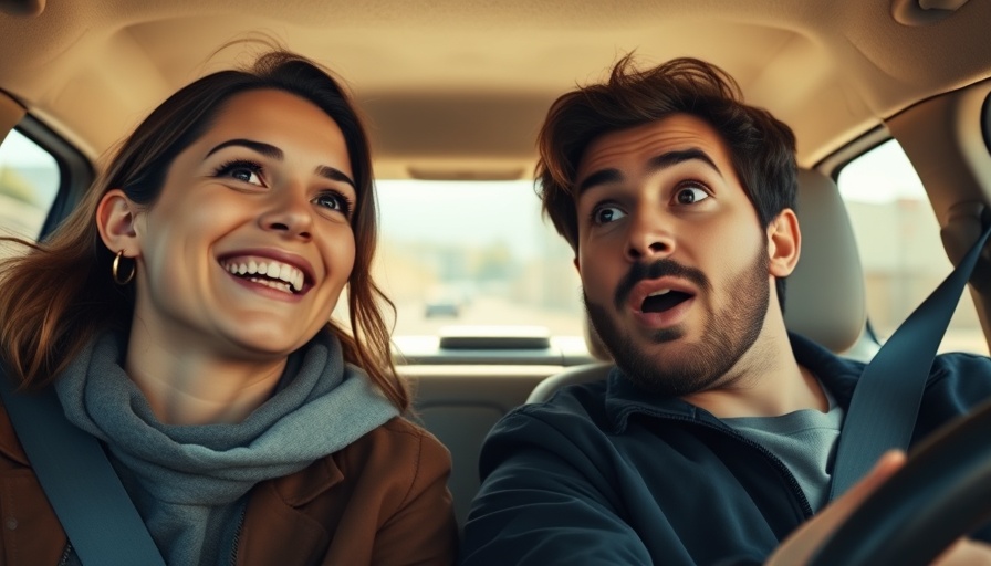 RV life full time moment in a vehicle with two people, one smiling, one surprised.