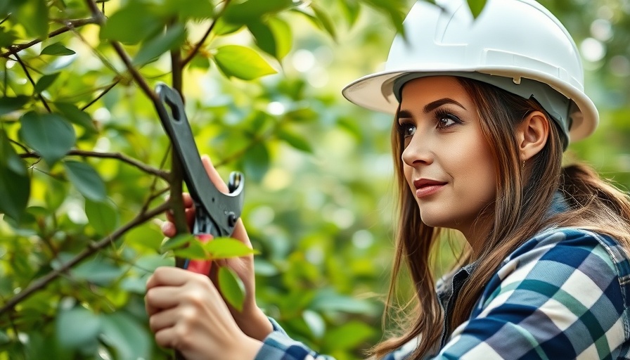 Focused woman in white hard hat pruning tree, tree care tips for homeowners.