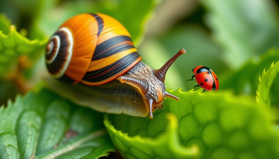 Vivid snail and ladybug on leaves, highlighting garden pests and beneficial insects.
