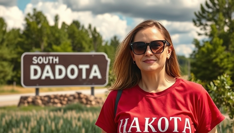 Woman at South Dakota sign during Sturgis Motorcycle Rally 2025.