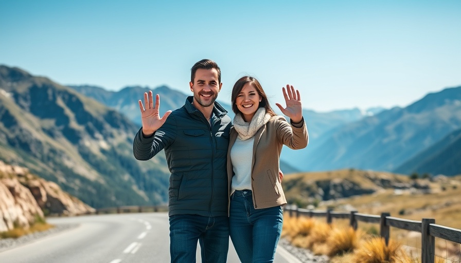 Smiling couple on Trail Ridge Road RV Adventure, scenic mountain backdrop.