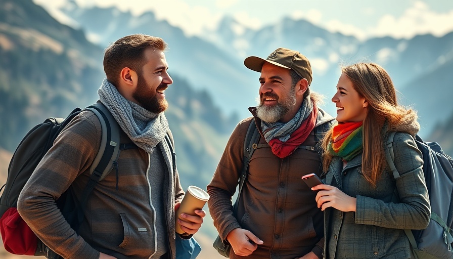 Travelers on Mount Blue Sky Adventure discussing journey in mountains.