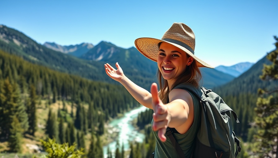 Excited female hiker enjoying backpacking adventures by a river.