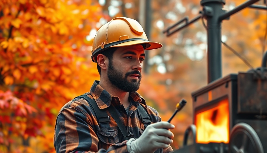 Diligent worker performing fall furnace maintenance, autumn backdrop