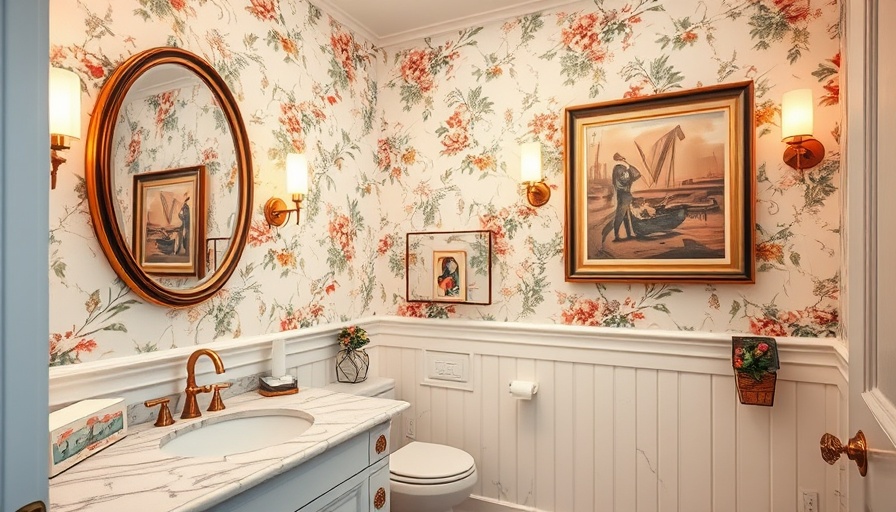 Elegant guest bathroom remodel with floral wallpaper and marble countertop.