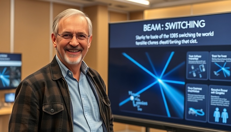 Man presenting Starlink beam switching infographic indoors.