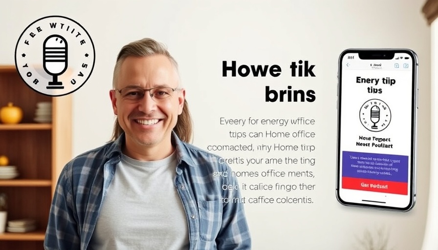 Fall Home Maintenance Essentials podcast ad with smiling couple and smartphone graphic.