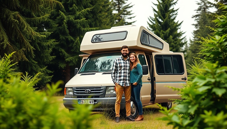 Couple embracing affordable RV lifestyle in forest setting