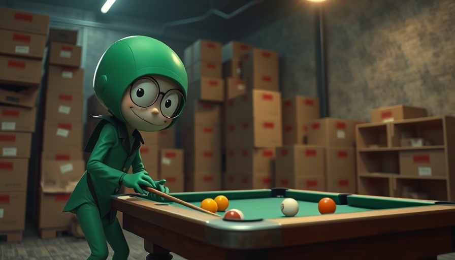 Whimsical green-suited figure playing mini-pool in warehouse setting.