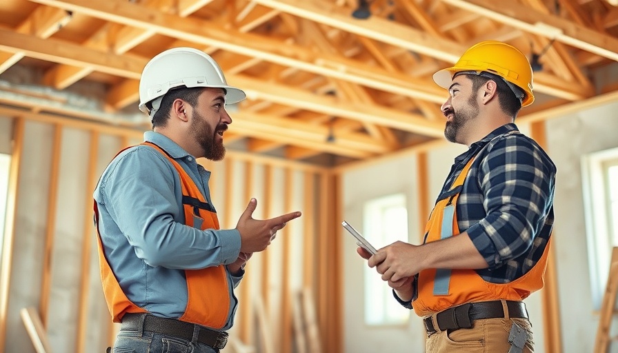 Construction workers discussing bathroom plumbing renovation.