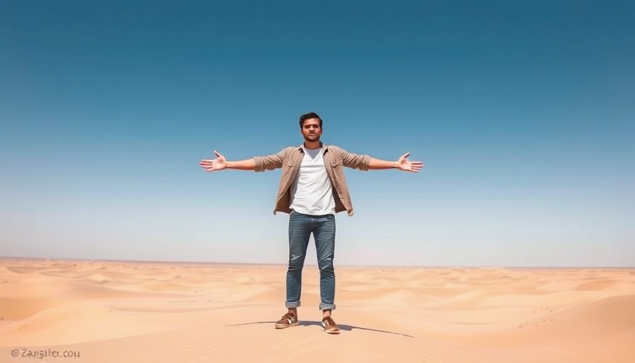 Man embracing the desert during Ford commercial shoot in Glamis