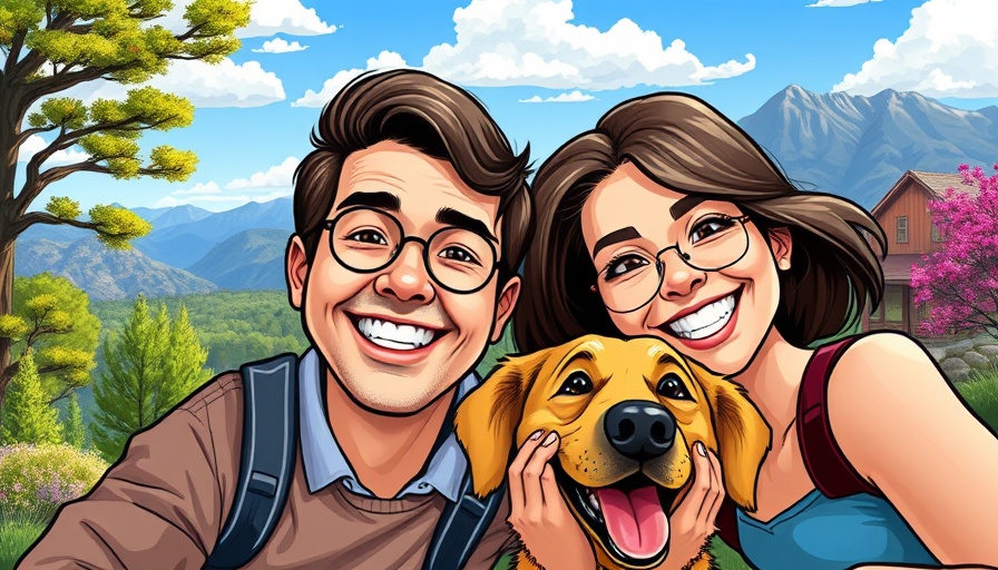 Cartoon of smiling people and dog in nature for RV lifestyle.