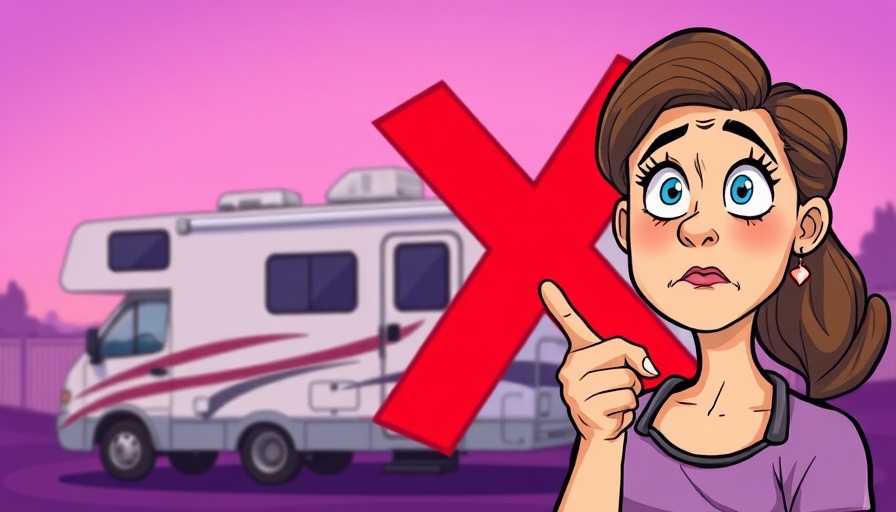 Confused woman pointing at crossed-out RV, unique travel experiences