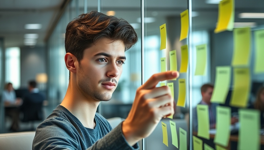 Focused young man writing on glass wall in modern office.