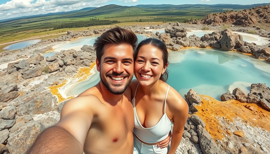 Happy couple at Thermopolis Hot Springs, scenic backdrop.