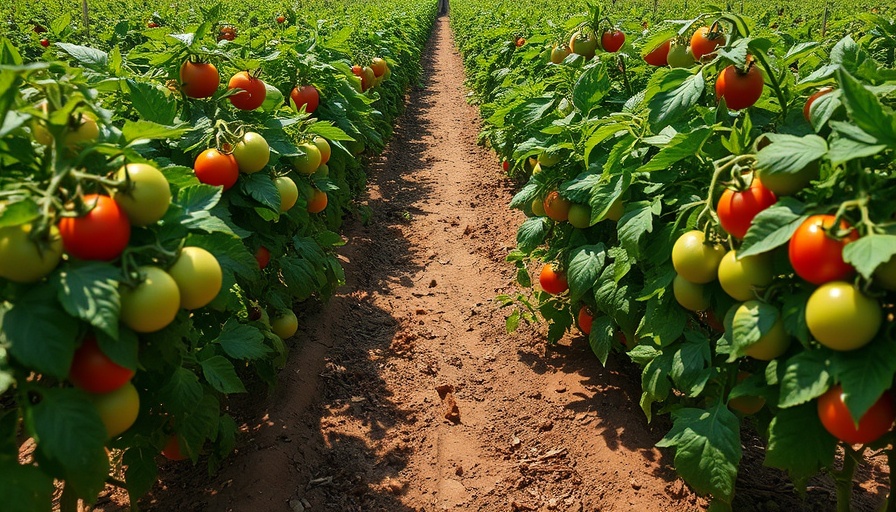 Sunlit tomato plants with abundant fruits in a garden.