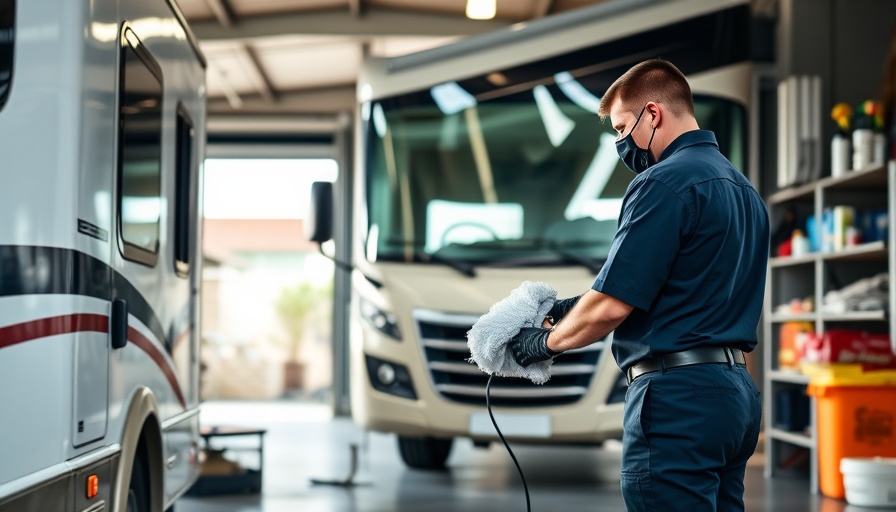 RV technician cleaning vehicle in garage, camping community context