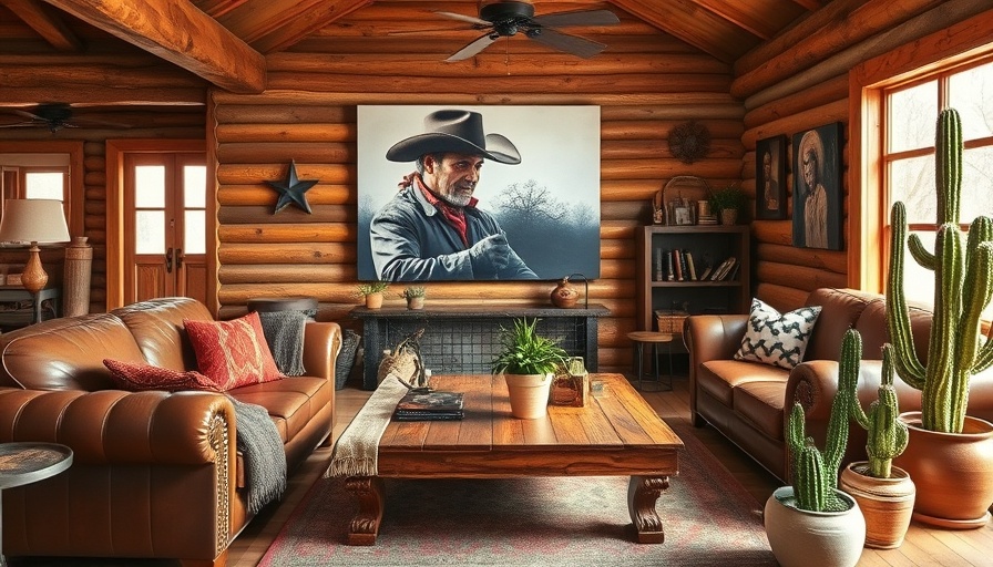 Rustic cowboy core home decor; cozy living room with cowboy art.