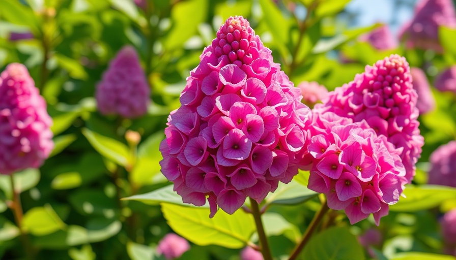 Cone-shaped hydrangeas in full bloom, bright sunlit garden.