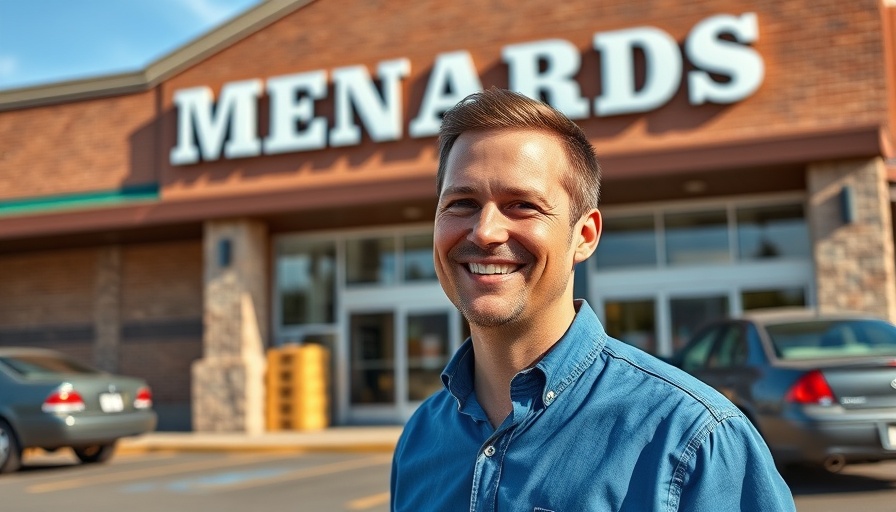 RV Supplies at Menards store exterior with cheerful individual smiling.