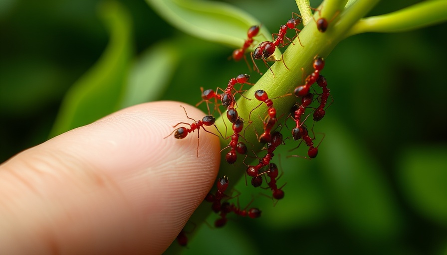 Red ants on plant stem with finger interacting, highlighting garden pests.