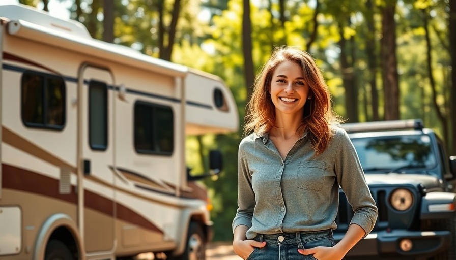 Young woman beside RV on Route 66, lush greenery, Route 66 attractions.