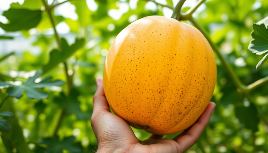 Hand examining melon readiness in greenhouse, harvesting signs.
