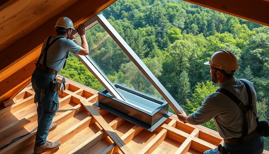 Workers carefully installing new skylights on sloped roof
